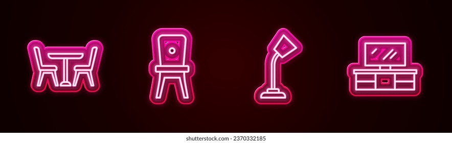 Fijar mesa de línea con silla, silla, lámpara y soporte de mesa de TV. Icono de neón brillante. Vector