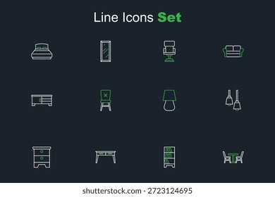 Mesa con silla, lámpara colgante, escritorio de oficina, mesita de noche de muebles, estantería de Biblioteca, lámpara, silla e icono de mesa de TV. Vector