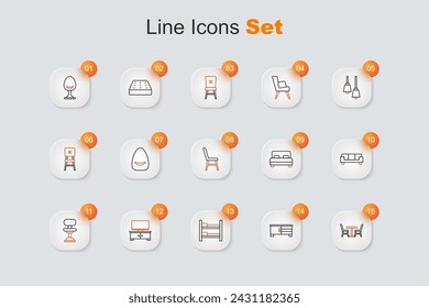 Set line Table with chair, TV table stand, Bunk bed, Office, Sofa, Big and Chair icon. Vector