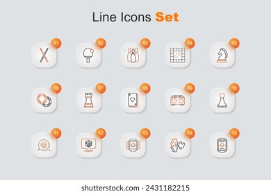 Set line Table football, Puzzle pieces toy, Game dice, Chip for board game, Time chess clock and Playing cards icon. Vector