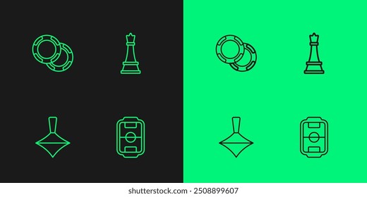 Set line Table football, Whirligig toy, Casino chips and Chess icon. Vector