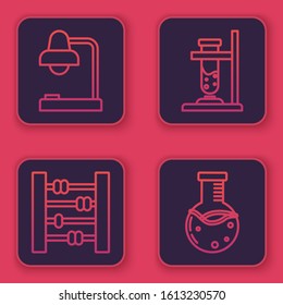 Set line Table lamp, Abacus, Glass test tube flask on fire and Test tube and flask chemical laboratory. Blue square button. Vector