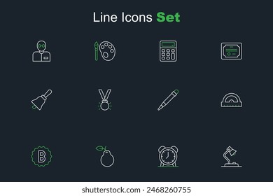 Set line Table lamp, Alarm clock, Pear, Exam paper with incorrect answers, Protractor grid, Pencil eraser, Medal and Ringing bell icon. Vector