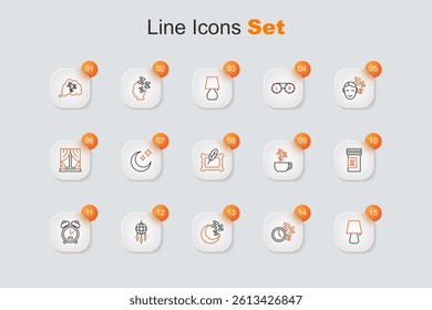 Set line Table lamp, Alarm clock, Moon and stars, Dream catcher with feathers, Sleeping pill, Chamomile tea and Pillow icon. Vector