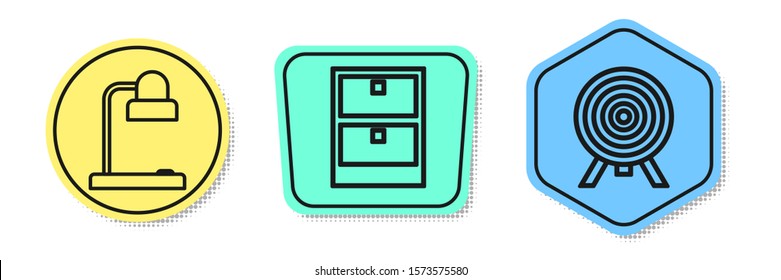 Set line Table lamp, Archive papers drawer and Target. Colored shapes. Vector