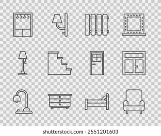 Set line Table lamp, Armchair, Heating radiator, Chest of drawers, Wardrobe, Staircase, Bed and Window the room icon. Vector