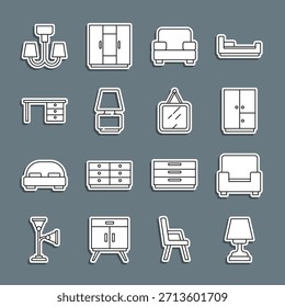 Set line Lámpara de mesa, Sillón, Armario, Escritorio de oficina, Candelabro y Espejo icono. Vector