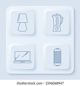 Set line Table lamp , Blender , Laptop  and Stereo speaker . White square button. Vector