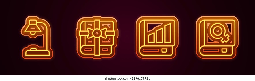 Set line Table lamp, Book as gift, Financial book and about women. Glowing neon icon. Vector