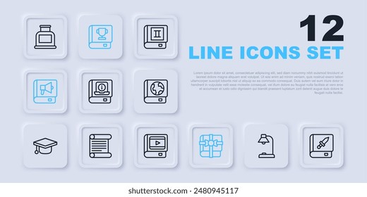 Set line Table lamp, Book about weapon, User manual, as gift, Decree, parchment, scroll,  and cinema icon. Vector