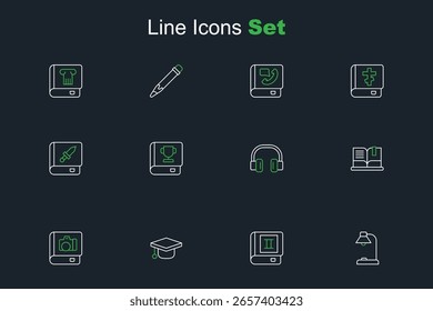 Lámpara de mesa, libro, tapa de graduación, Galería de álbum de fotos, libro abierto, auriculares y sobre el ícono de arma. Vector