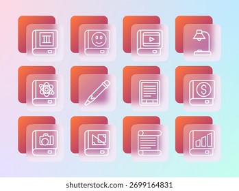 Definir a linha Lâmpada de mesa, Livro sobre geometria, leitor de E-Book, Decreto, pergaminho, rolagem, Lápis com borracha, cinema e ícone. Vetor