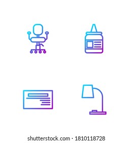 Fijar la lámpara de mesa de línea, tarjeta de presentación, silla de oficina y juego. Iconos de color de degradado. Vector