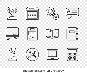 Set line Table lamp, Calculator, Timing belt kit, Chemical formula, Award cup, Exam sheet with plus grade, Laptop and Notebook icon. Vector