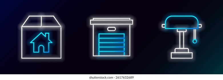 Set line Table lamp, Cardboard box with house and Garage icon. Glowing neon. Vector