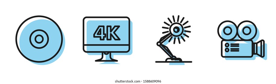 Set line Table lamp , CD or DVD disk , Computer PC monitor with 4k video technology  and Cinema camera  icon. Vector