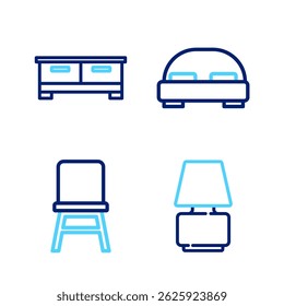 Definir a lâmpada de mesa de linha, cadeira, cama grande e peito das gavetas ícone. Vetor