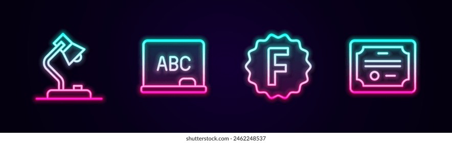 Lámpara de mesa, pizarra, papel de examen con respuestas incorrectas y Plantilla de certificado. Icono de neón brillante. Vector