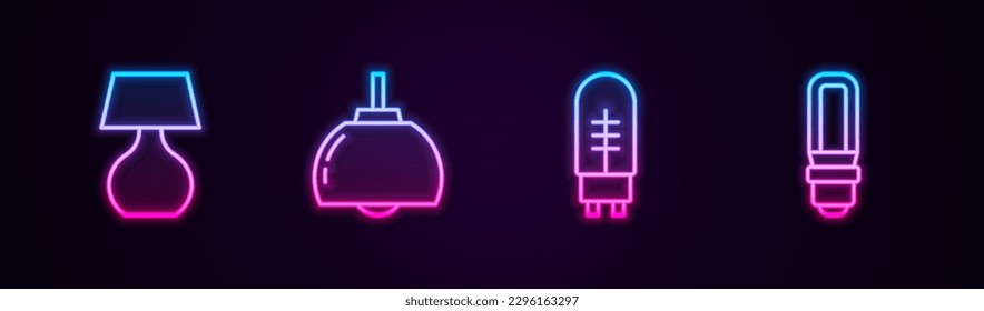 Set line Table lamp, Chandelier, Light emitting diode and LED light bulb. Glowing neon icon. Vector