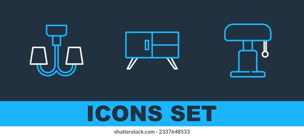 Set line Table lamp, Chandelier and Chest of drawers icon. Vector