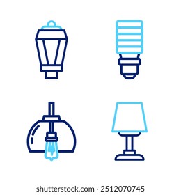 Set Linie Tischlampe, Kronleuchter, LED-Glühbirne und Garten-Symbol. Vektorgrafik