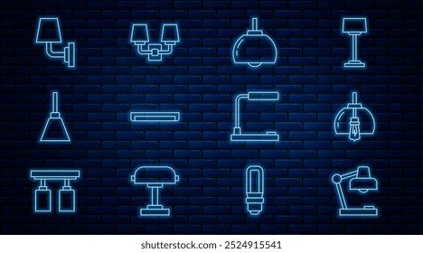 Set line Table lamp, Chandelier, Fluorescent, Wall sconce,  and  icon. Vector