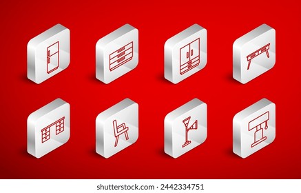 Set line Table lamp, Chest of drawers, Wardrobe, Office desk, Floor, Refrigerator, Armchair and  icon. Vector