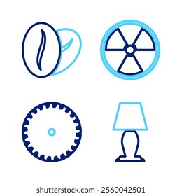 Set line Table lamp, Circular saw blade, Radioactive and Coffee beans icon. Vector