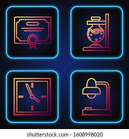 Set line Table lamp, Clock, Certificate template and Glass test tube flask on fire. Gradient color icons. Vector