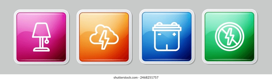 Set line Table lamp, Cloud and lightning, Car battery and No. Colorful square button. Vector