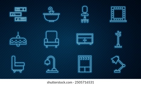 Set-Linie Tischlampe, Ständer, Bürostuhl, Sessel, Kronleuchter, Regal mit Büchern, Kommode und Waschbecken Wasserhahn-Symbol. Vektorgrafik