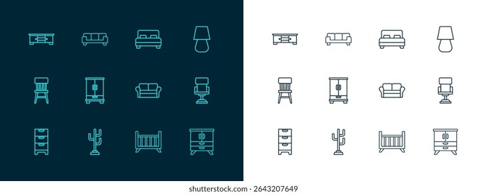 Set line Lámpara de mesa, soporte de abrigo, sofá, cuna de bebé, armario, grande, mesa de TV e icono. Vector