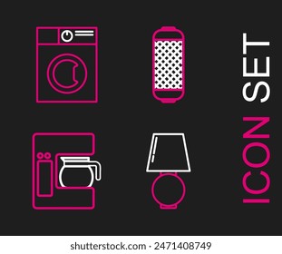 Set line Table lamp, Coffee machine with glass pot, Stereo speaker and Washer icon. Vector