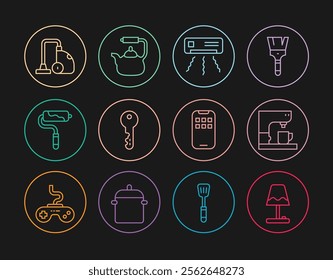 Set line Table lamp, Coffee machine, Air conditioner, House key, Paint roller brush, Vacuum cleaner, Mobile Apps and Kettle with handle icon. Vector