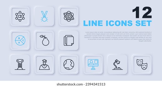 Set line Table lamp, Comedy and tragedy masks, Pear, Online class, Pie chart infographic, Graduate graduation cap, Medal and Earth globe icon. Vector