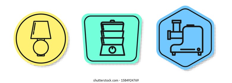 Set line Table lamp , Double boiler  and Kitchen meat grinder . Colored shapes. Vector