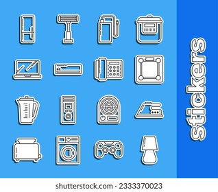 Lámpara de mesa de línea, hierro eléctrico, báscula de baño, banco de energía con cable de carga diferente, aire acondicionado, portátil, refrigerador e icono del teléfono. Vector