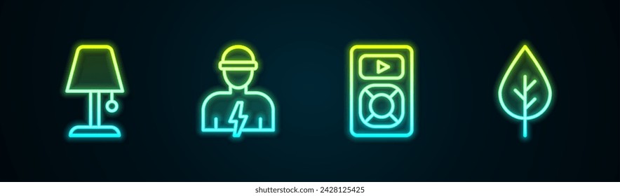 Lámpara de mesa, Electricista, Reproductor de música y Leaf Eco símbolo. Icono de neón brillante. Vector