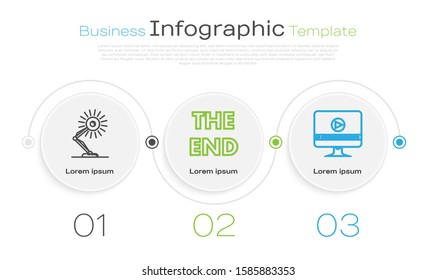 Set line Table lamp , The End handwritten inscription  and Online play video . Business infographic template. Vector