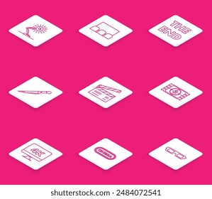 Set line Table lamp, The End handwritten inscription, Knife, Movie clapper, Play Video, Computer PC monitor with 4k video technology and Cinema poster design template icon. Vector