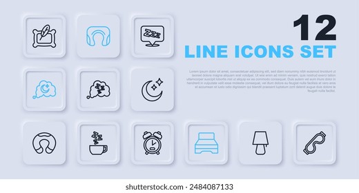 Set line Table lamp, Eye sleep mask, Sleepy, Big bed, Dreams, Chamomile tea, Travel neck pillow and Alarm clock icon. Vector