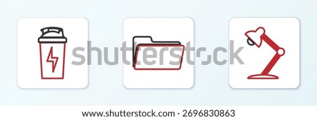 Set line Table lamp, Fitness shaker and Folder icon. Vector