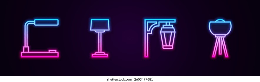 Set line Table lamp, Floor, Vintage street light and . Glowing neon icon. Vector