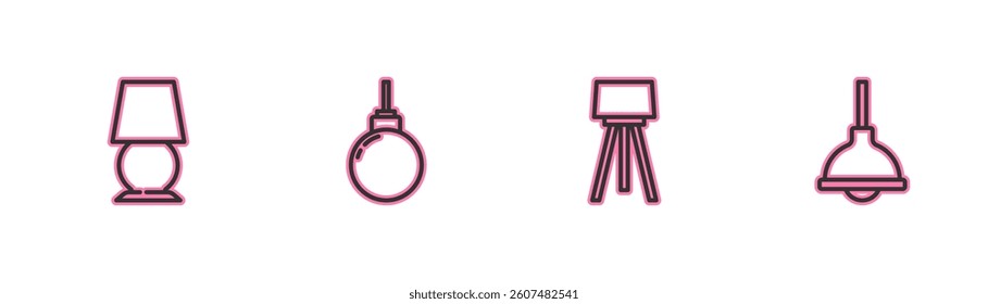 Set line Table lamp, Floor, Lamp hanging and  icon. Vector