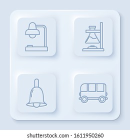 Set line Table lamp, Glass test tube flask on fire, Ringing bell and School Bus. White square button. Vector