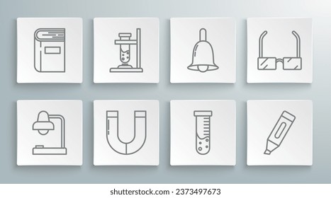 Set line Table lamp, Glass test tube flask on fire, Magnet, Test and chemical laboratory, Marker pen, Ringing bell, Glasses and Book icon. Vector