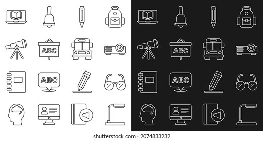 Set line Table lamp, Glasses, Movie, film, media projector, Marker pen, Chalkboard, Telescope, Online class and School Bus icon. Vector
