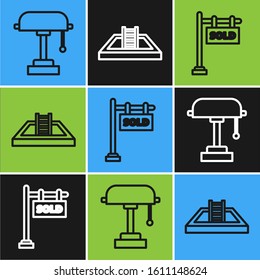 Set line Table lamp, Hanging sign with text Sold and Swimming pool with ladder icon. Vector