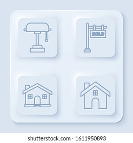 Set line Table lamp, Hanging sign with text Sold, House and House. White square button. Vector