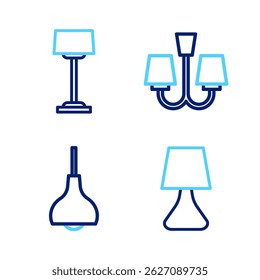 Set line Table lamp, Lamp hanging, Chandelier and Floor icon. Vector